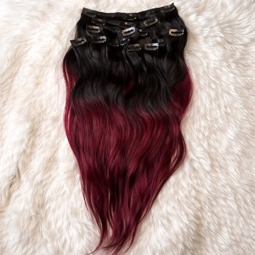 22 Inch Clip in Hair Extensions Ombre black to Burgundy